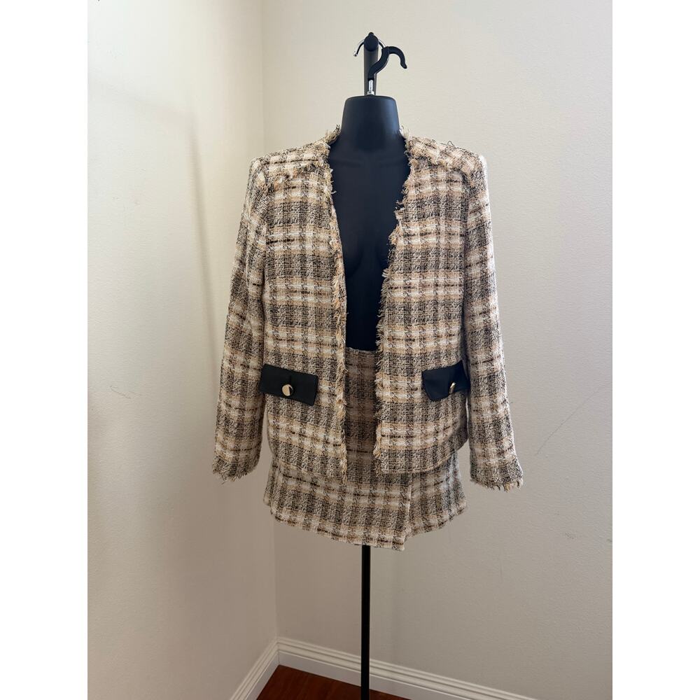 Zara Tweed Plaid Blazer + Skort Set NWOT Size S Beige Black Pockets - Picture 4 of 10
